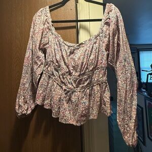 J. Crew Pink Floral Peplum Long-Sleeve Blouse